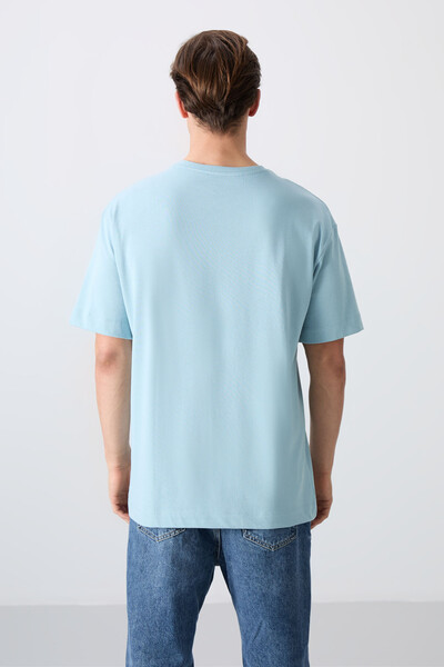 Tommylife Wholesale Crew Neck Oversize Printed Men's T-Shirt 88330 Light Blue - Thumbnail