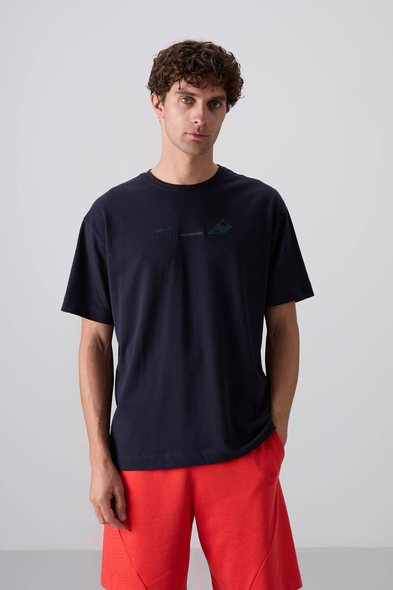 TOMMYLIFE - Tommylife Wholesale Crew Neck Oversize Printed Men's T-Shirt 88330 Navy Blue