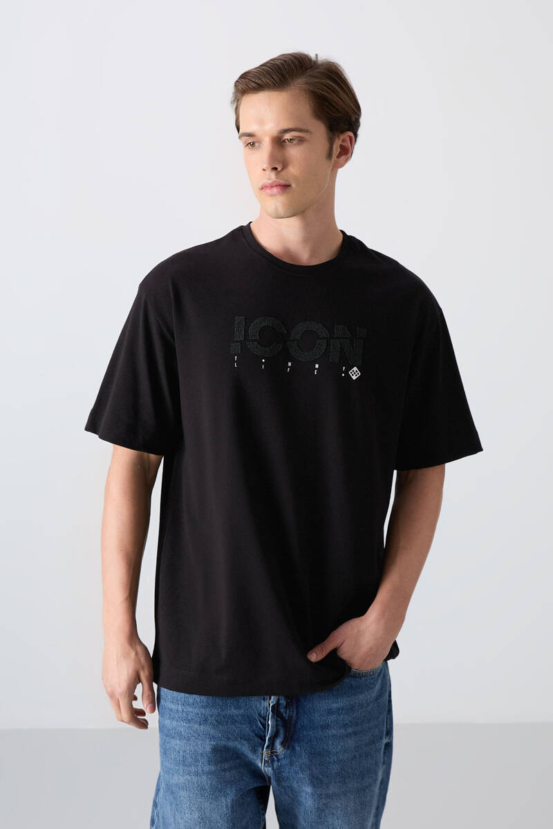 TOMMYLIFE - Tommylife Wholesale Crew Neck Oversize Printed Men's T-Shirt 88331 Black