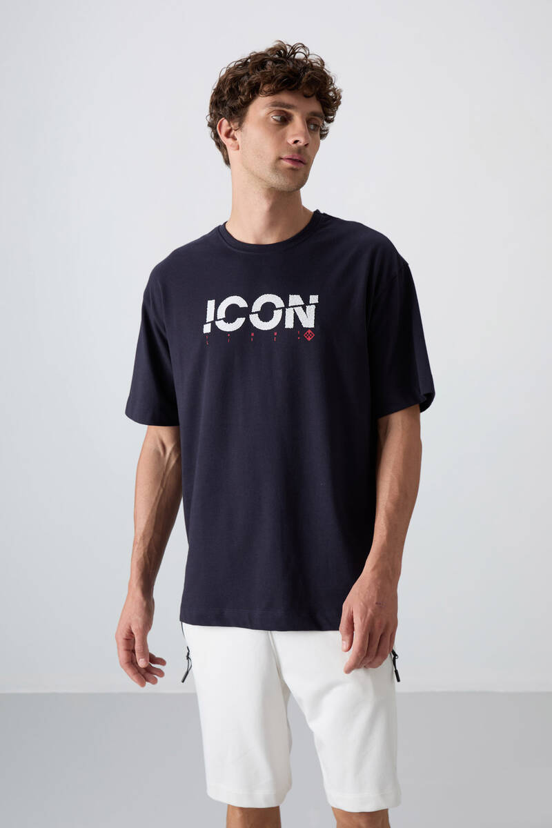 TOMMYLIFE - Tommylife Wholesale Crew Neck Oversize Printed Men's T-Shirt 88331 Navy Blue