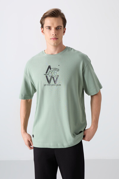 Tommylife Wholesale Crew Neck Oversize Printed Men's T-Shirt 88332 Light Green - Thumbnail