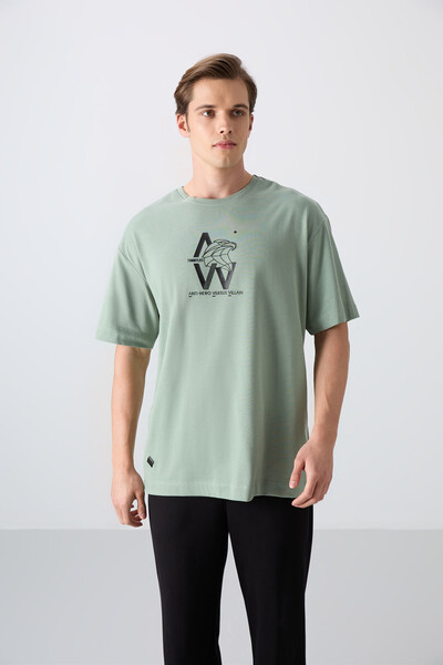 Tommylife Wholesale Crew Neck Oversize Printed Men's T-Shirt 88332 Light Green - Thumbnail