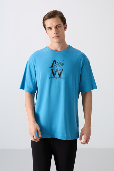 Tommylife Wholesale Crew Neck Oversize Printed Men's T-Shirt 88332 Petrol Blue - Thumbnail