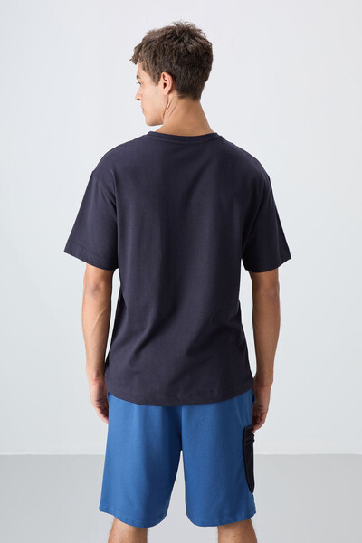 Tommylife Wholesale Crew Neck Oversize Printed Men's T-Shirt 88333 Navy Blue - Thumbnail