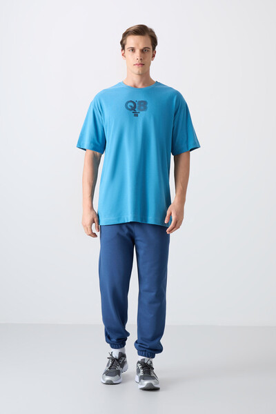 Tommylife Wholesale Crew Neck Oversize Printed Men's T-Shirt 88333 Petrol Blue - Thumbnail