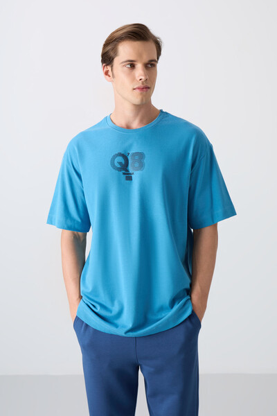 Tommylife Wholesale Crew Neck Oversize Printed Men's T-Shirt 88333 Petrol Blue - Thumbnail