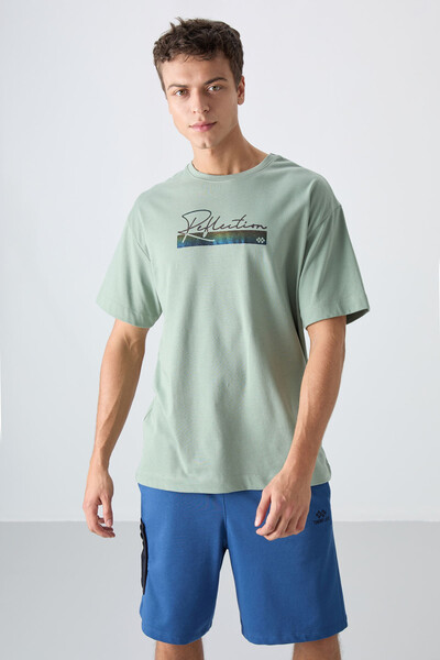 Tommylife Wholesale Crew Neck Oversize Printed Men's T-Shirt 88334 Light Green - Thumbnail