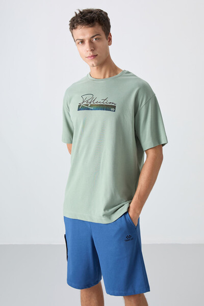 Tommylife Wholesale Crew Neck Oversize Printed Men's T-Shirt 88334 Light Green - Thumbnail