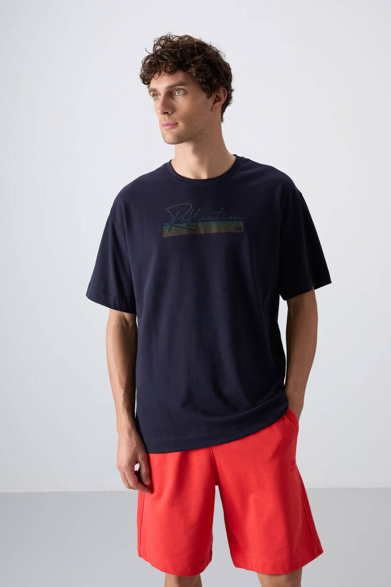 TOMMYLIFE - Tommylife Wholesale Crew Neck Oversize Printed Men's T-Shirt 88334 Navy Blue