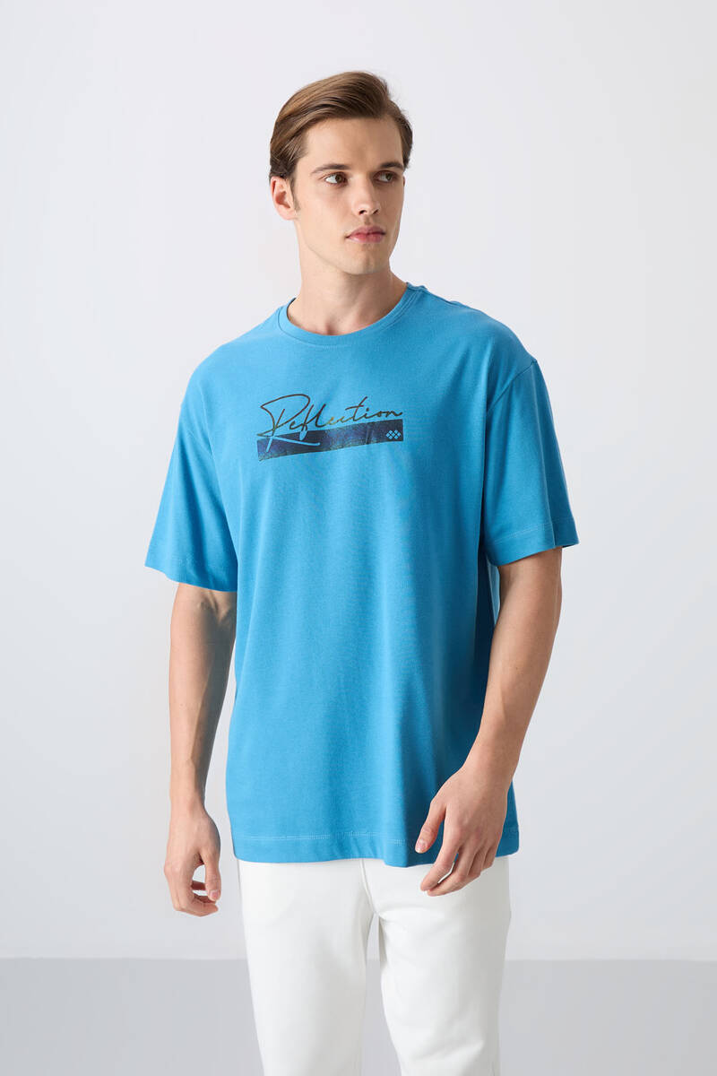 TOMMYLIFE - Tommylife Wholesale Crew Neck Oversize Printed Men's T-Shirt 88334 Petrol Blue