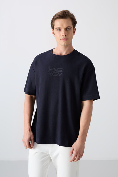 Tommylife Wholesale Crew Neck Oversize Printed Men's T-Shirt 88336 Navy Blue - Thumbnail