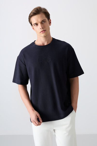 Tommylife Wholesale Crew Neck Oversize Printed Men's T-Shirt 88336 Navy Blue - Thumbnail