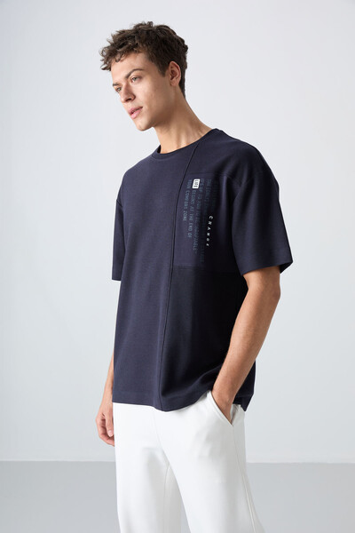 Tommylife Wholesale Crew Neck Oversize Printed Men's T-Shirt 88338 Navy Blue - Thumbnail