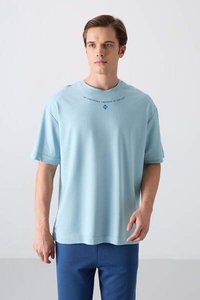 Tommylife Wholesale Crew Neck Oversize Printed Men's T-Shirt 88343 Light Blue - Thumbnail