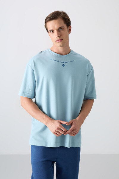 Tommylife Wholesale Crew Neck Oversize Printed Men's T-Shirt 88343 Light Blue - Thumbnail