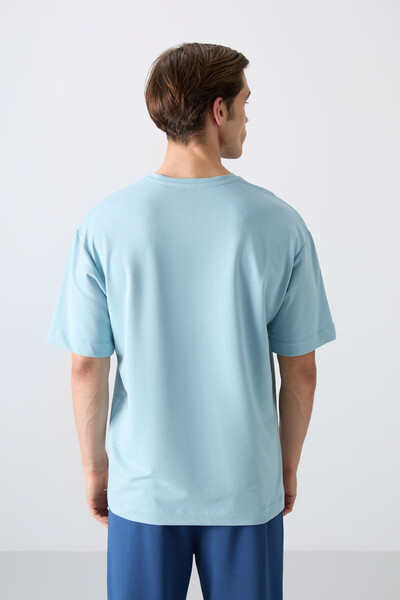 Tommylife Wholesale Crew Neck Oversize Printed Men's T-Shirt 88343 Light Blue - Thumbnail