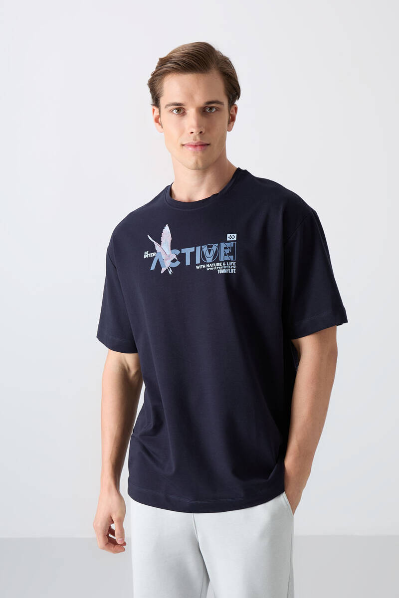 TOMMYLIFE - Tommylife Wholesale Crew Neck Oversize Printed Men's T-Shirt 88344 Navy Blue