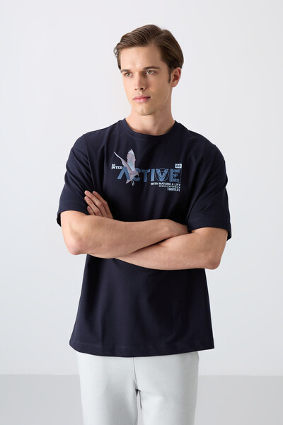 Tommylife Wholesale Crew Neck Oversize Printed Men's T-Shirt 88344 Navy Blue - Thumbnail