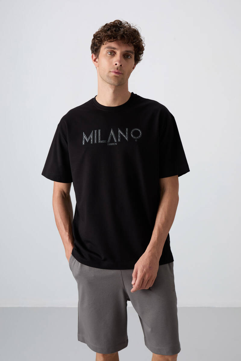 TOMMYLIFE - Tommylife Wholesale Crew Neck Oversize Printed Men's T-Shirt 88345 Black