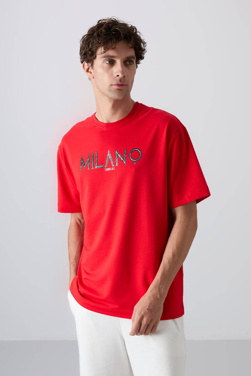 TOMMYLIFE - Tommylife Wholesale Crew Neck Oversize Printed Men's T-Shirt 88345 Fiesta