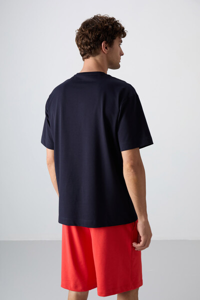 Tommylife Wholesale Crew Neck Oversize Printed Men's T-Shirt 88350 Navy Blue - Thumbnail