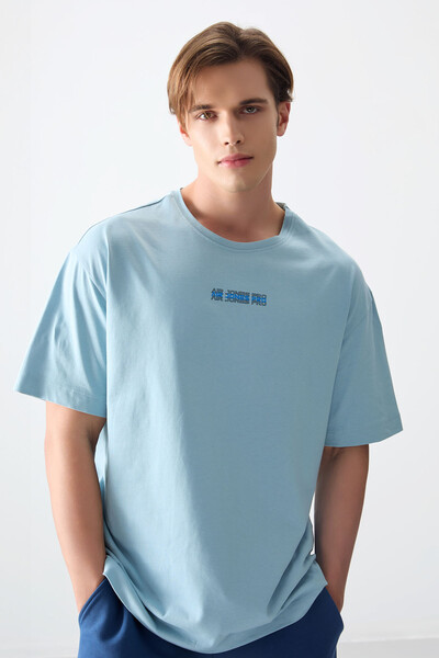 Tommylife Wholesale Crew Neck Oversize Printed Men's T-Shirt 88354 Light Blue - Thumbnail