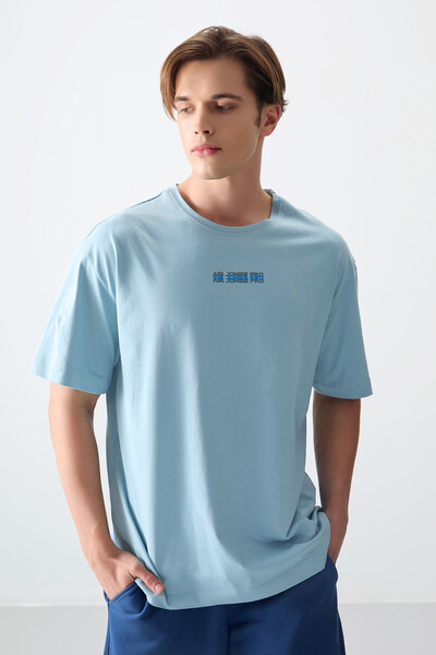 Tommylife Wholesale Crew Neck Oversize Printed Men's T-Shirt 88354 Light Blue - Thumbnail