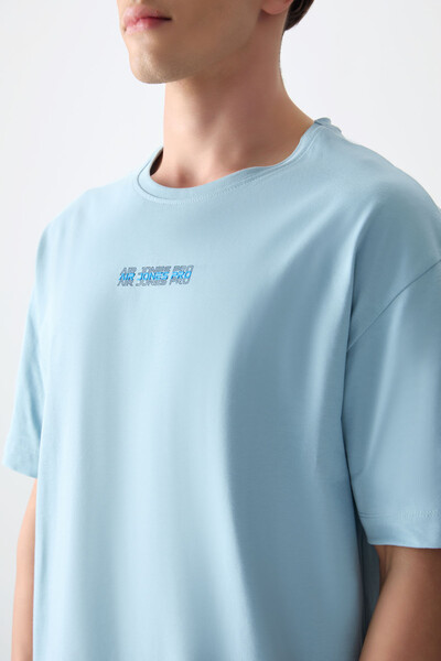 Tommylife Wholesale Crew Neck Oversize Printed Men's T-Shirt 88354 Light Blue - Thumbnail