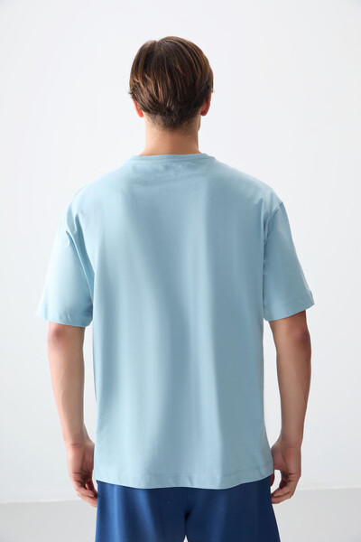 Tommylife Wholesale Crew Neck Oversize Printed Men's T-Shirt 88354 Light Blue - Thumbnail