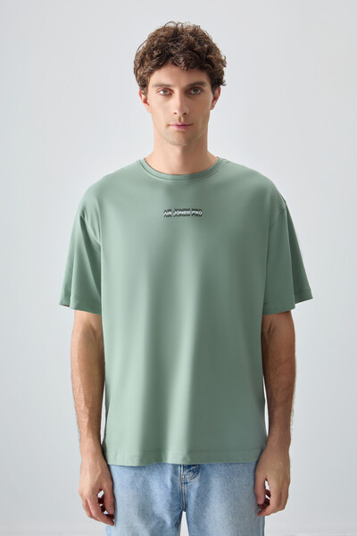 Tommylife Wholesale Crew Neck Oversize Printed Men's T-Shirt 88354 Light Green - Thumbnail