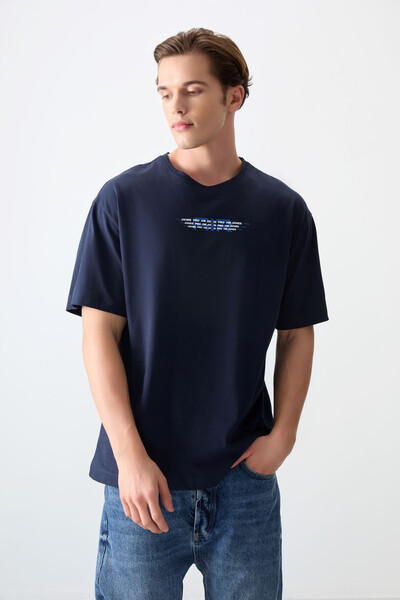 Tommylife Wholesale Crew Neck Oversize Printed Men's T-Shirt 88356 Navy Blue - Thumbnail