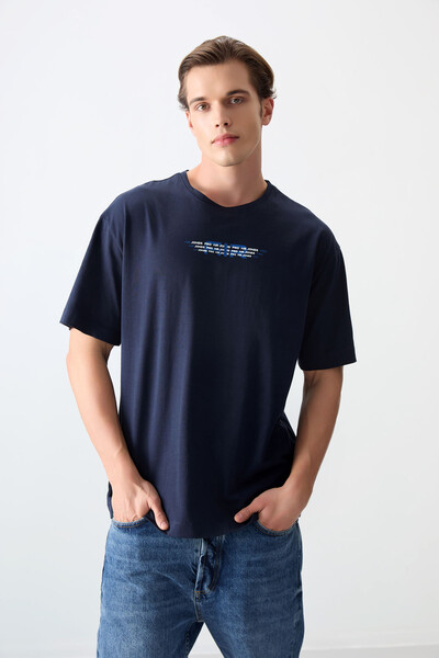 Tommylife Wholesale Crew Neck Oversize Printed Men's T-Shirt 88356 Navy Blue - Thumbnail