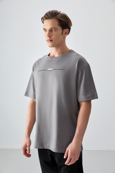 Tommylife Wholesale Crew Neck Oversize Printed Men's T-Shirt 88357 Dark Gray - Thumbnail