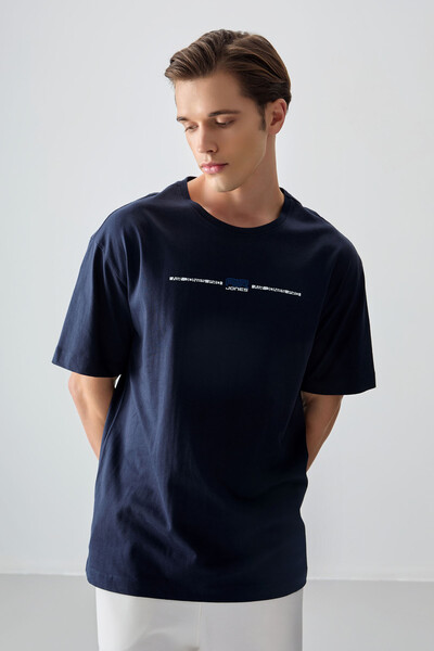 Tommylife Wholesale Crew Neck Oversize Printed Men's T-Shirt 88357 Navy Blue - Thumbnail