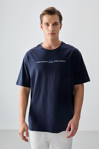 Tommylife Wholesale Crew Neck Oversize Printed Men's T-Shirt 88357 Navy Blue - Thumbnail