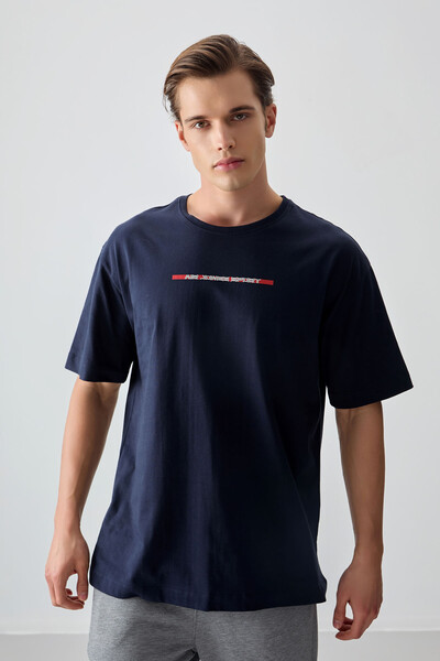 Tommylife Wholesale Crew Neck Oversize Printed Men's T-Shirt 88358 Navy Blue - Thumbnail