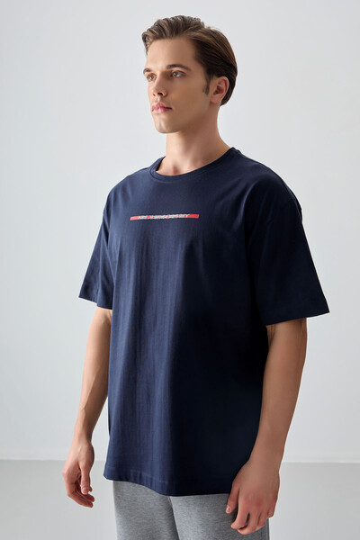 Tommylife Wholesale Crew Neck Oversize Printed Men's T-Shirt 88358 Navy Blue - Thumbnail