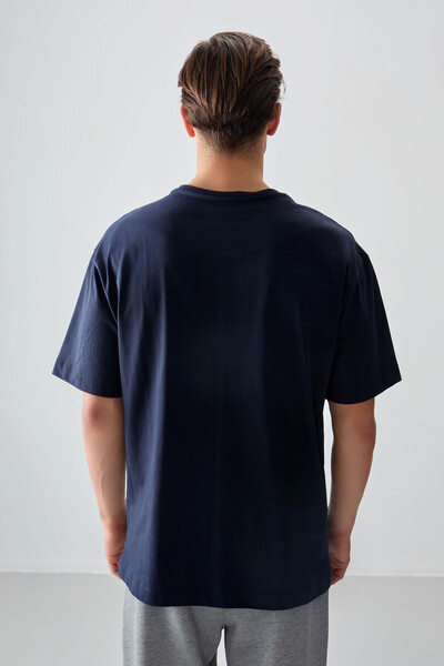 Tommylife Wholesale Crew Neck Oversize Printed Men's T-Shirt 88358 Navy Blue - Thumbnail