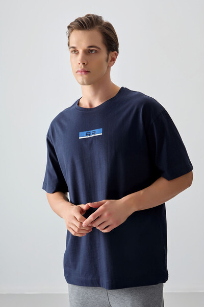 Tommylife Wholesale Crew Neck Oversize Printed Men's T-Shirt 88359 Navy Blue - Thumbnail