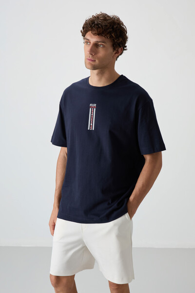 Tommylife Wholesale Crew Neck Oversize Printed Men's T-Shirt 88360 Navy Blue - Thumbnail