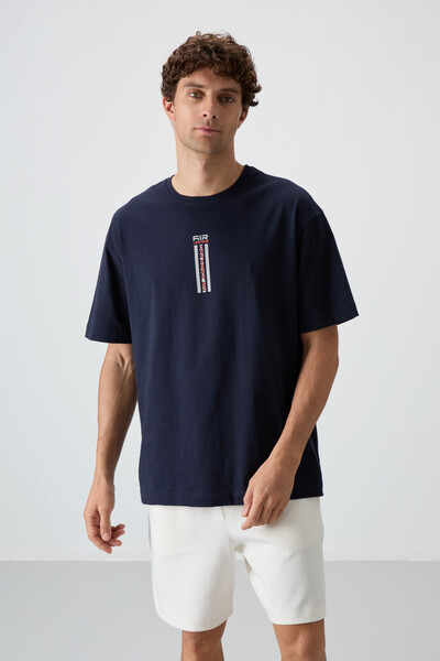 Tommylife Wholesale Crew Neck Oversize Printed Men's T-Shirt 88360 Navy Blue - Thumbnail