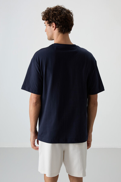 Tommylife Wholesale Crew Neck Oversize Printed Men's T-Shirt 88360 Navy Blue - Thumbnail