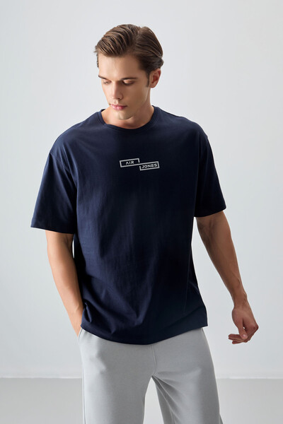 Tommylife Wholesale Crew Neck Oversize Printed Men's T-Shirt 88361 Navy Blue - Thumbnail