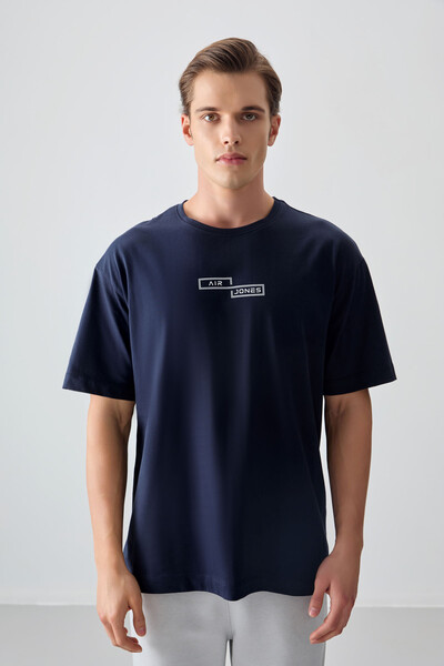 Tommylife Wholesale Crew Neck Oversize Printed Men's T-Shirt 88361 Navy Blue - Thumbnail