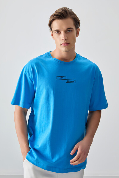 Tommylife Wholesale Crew Neck Oversize Printed Men's T-Shirt 88361 Petrol Blue - Thumbnail