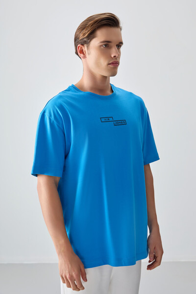 Tommylife Wholesale Crew Neck Oversize Printed Men's T-Shirt 88361 Petrol Blue - Thumbnail