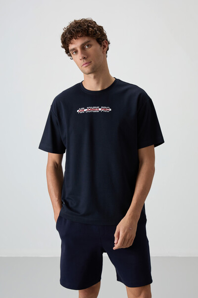 Tommylife Wholesale Crew Neck Oversize Printed Men's T-Shirt 88365 Navy Blue - Thumbnail