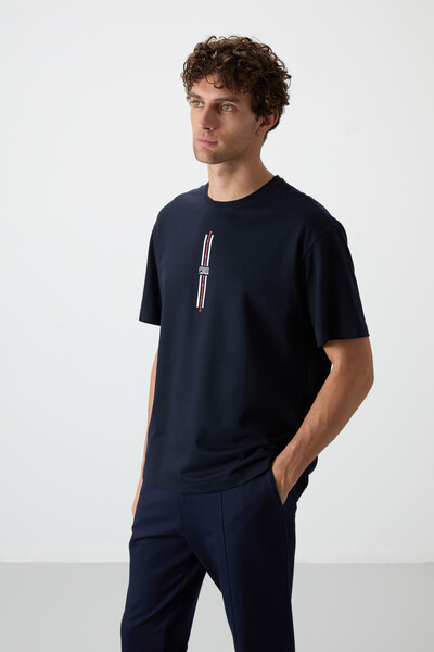 Tommylife Wholesale Crew Neck Oversize Printed Men's T-Shirt 88366 Navy Blue - Thumbnail