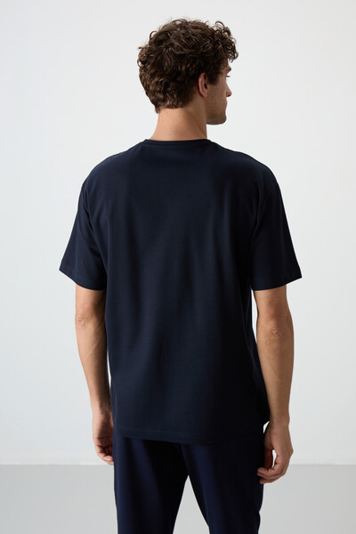 Tommylife Wholesale Crew Neck Oversize Printed Men's T-Shirt 88366 Navy Blue - Thumbnail