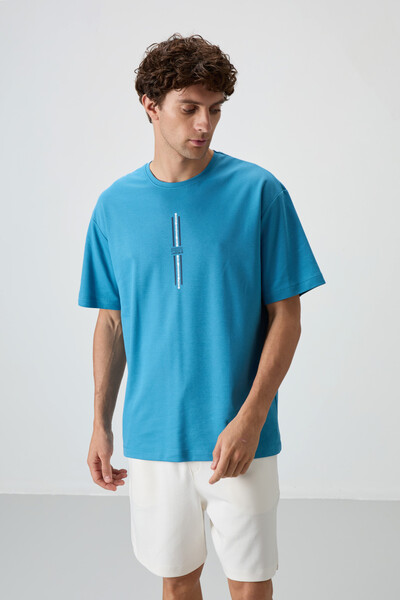 Tommylife Wholesale Crew Neck Oversize Printed Men's T-Shirt 88366 Petrol Blue - Thumbnail